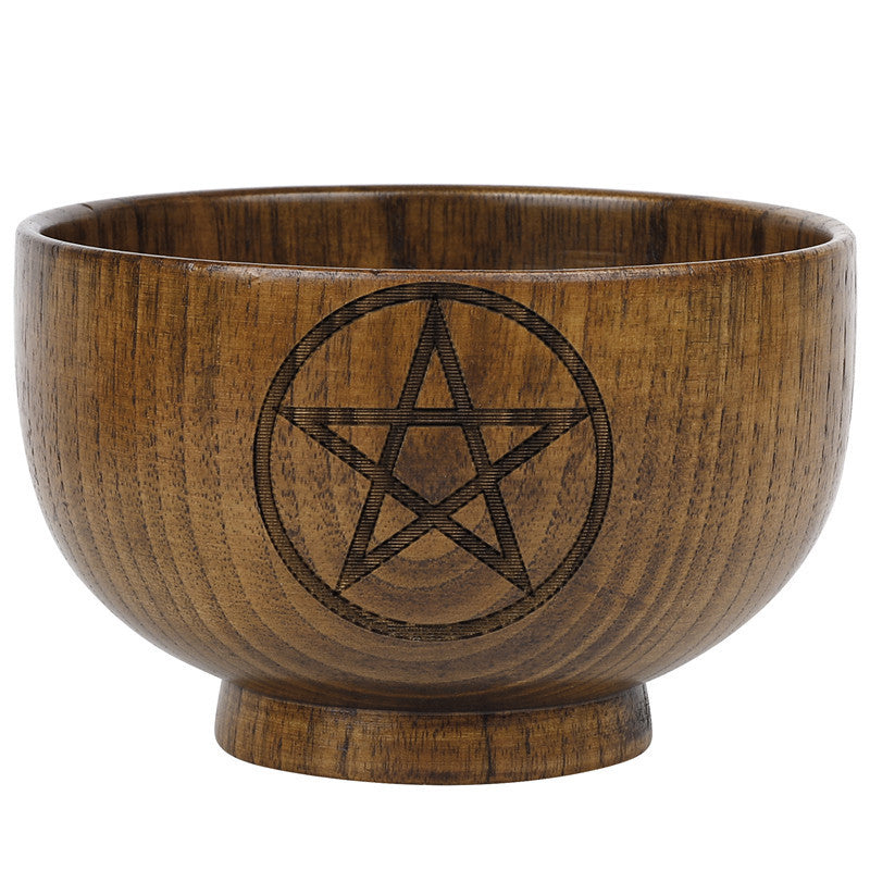Triple Moon Pentagram Engraved Wooden Altar Bowl