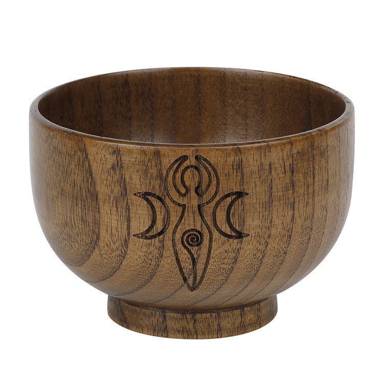 Triple Moon Pentagram Engraved Wooden Altar Bowl