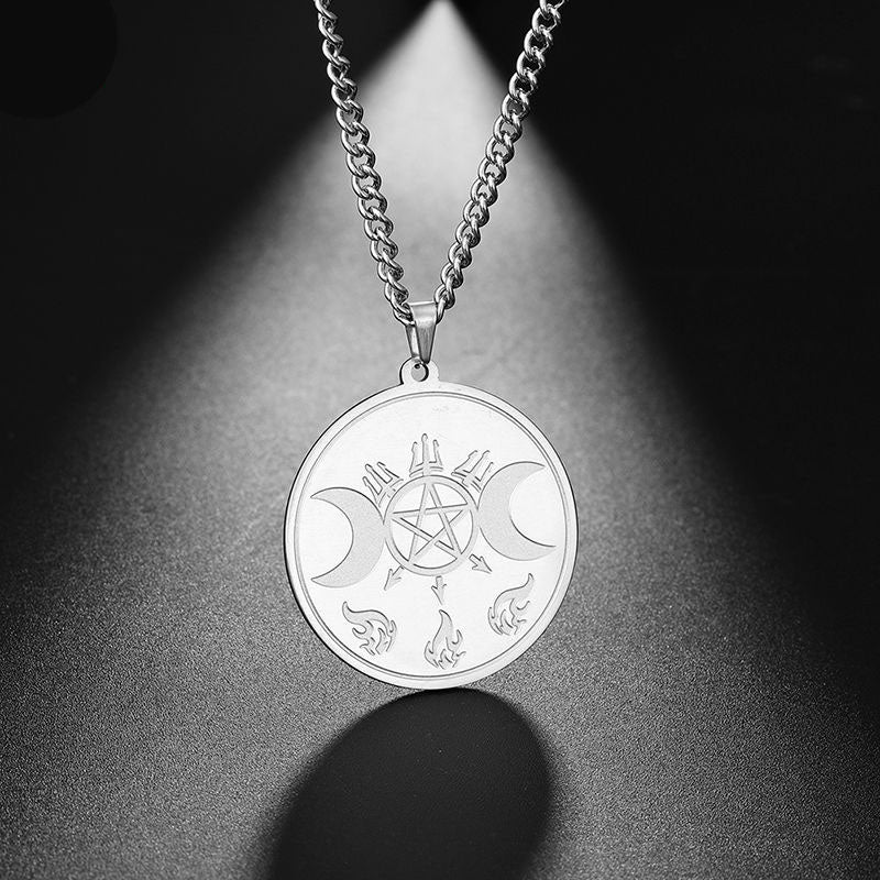 Ancient Symbol Moon Pentagram Stainless Steel Necklace