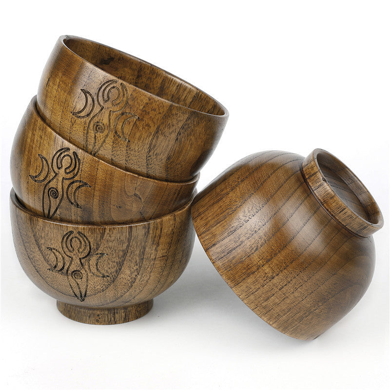 Triple Moon Pentagram Engraved Wooden Altar Bowl