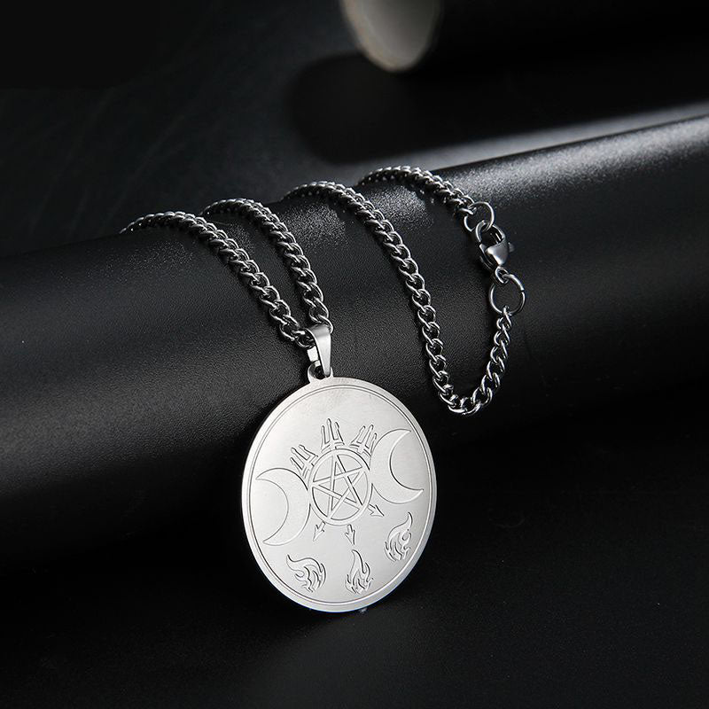 Ancient Symbol Moon Pentagram Stainless Steel Necklace