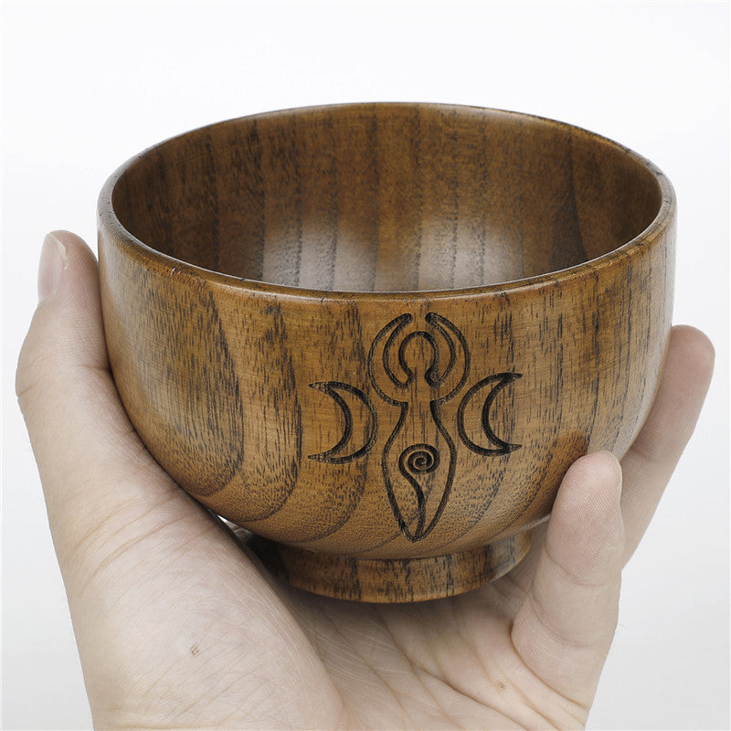 Triple Moon Pentagram Engraved Wooden Altar Bowl