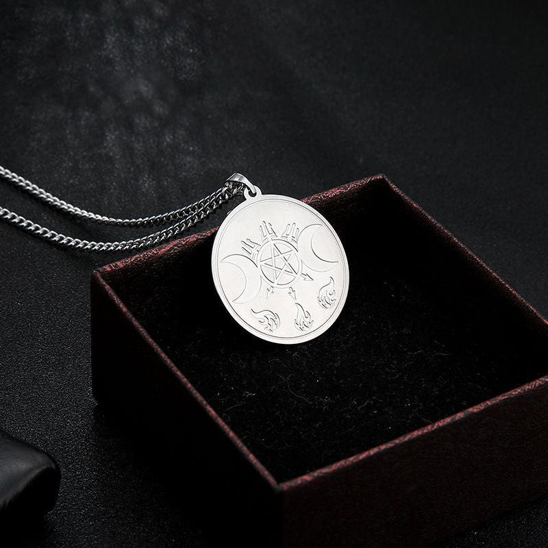 Ancient Symbol Moon Pentagram Stainless Steel Necklace