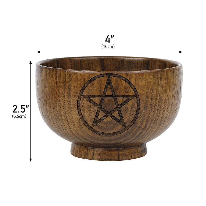Triple Moon Pentagram Engraved Wooden Altar Bowl