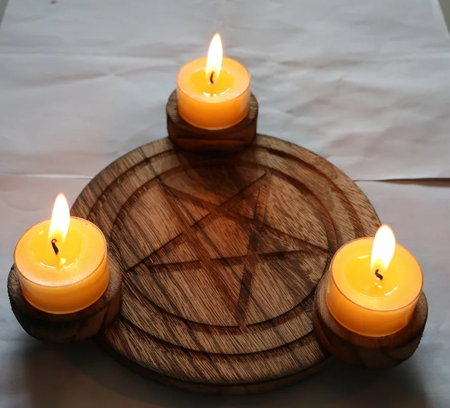 Pentacle Triquetra Wooden Altar Candlestick Plate