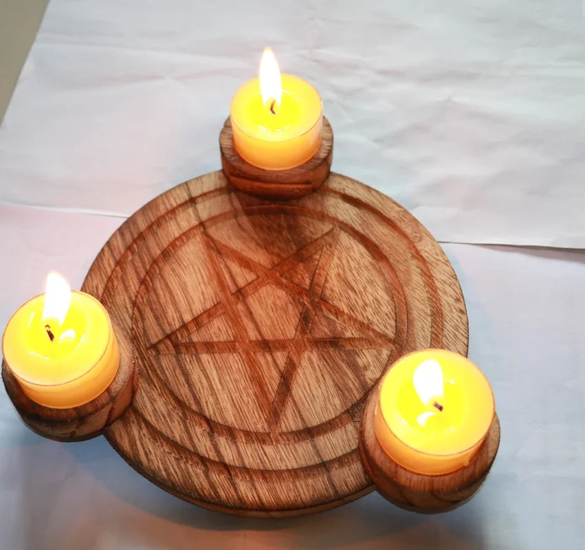 Pentacle Triquetra Wooden Altar Candlestick Plate