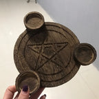 Pentacle Triquetra Wooden Altar Candlestick Plate