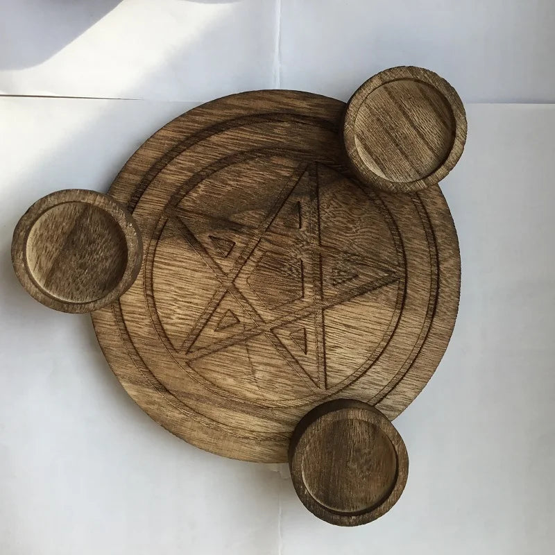 Pentacle Triquetra Wooden Altar Candlestick Plate