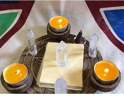 Pentacle Triquetra Wooden Altar Candlestick Plate
