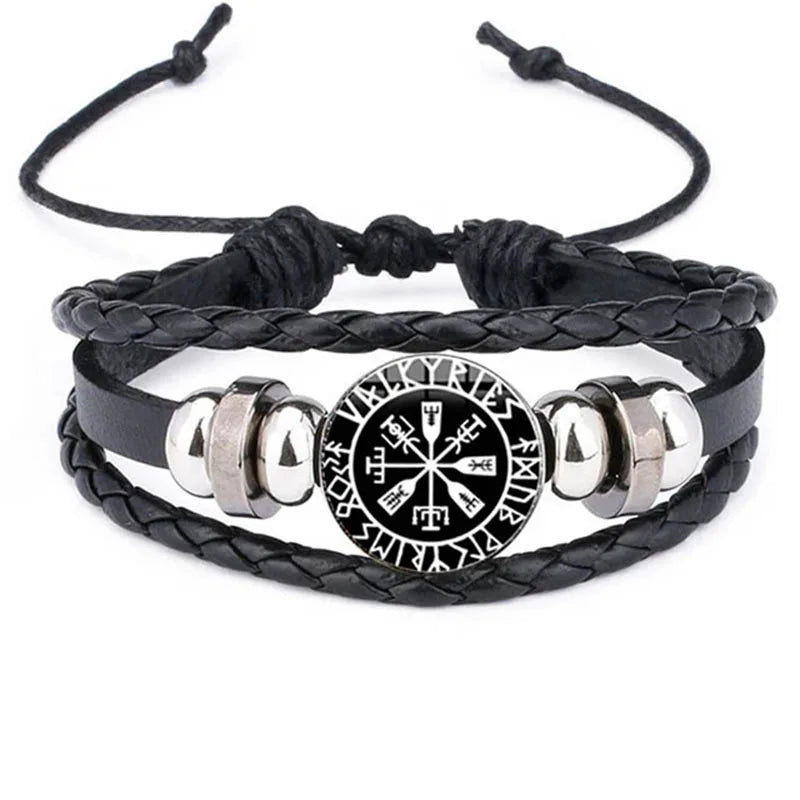 Viking Compass Leather Bracelet | Nordic Rune Odin Amulet