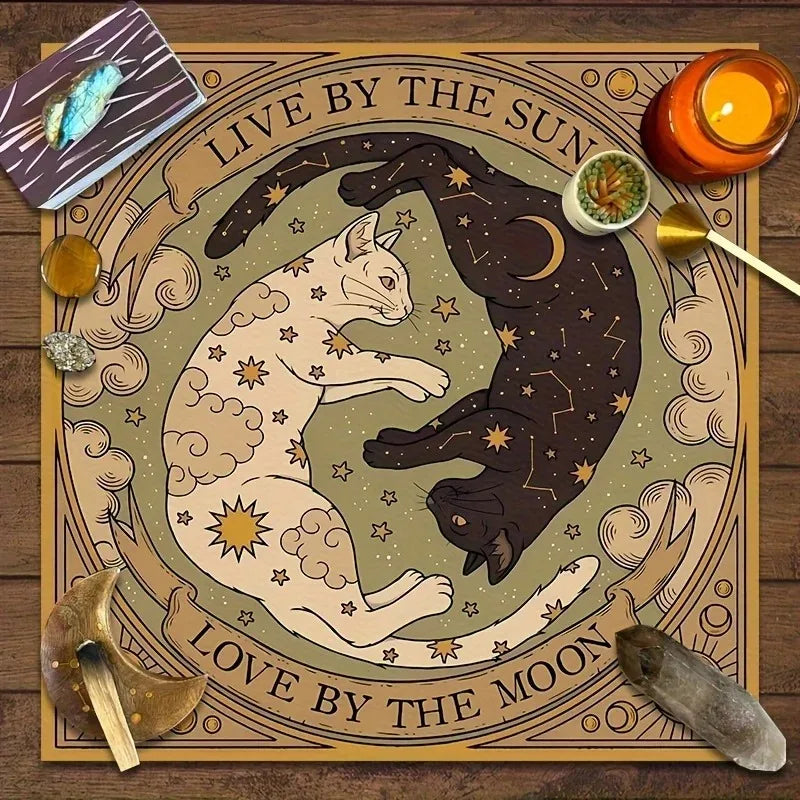 Sun & Moon Cat Altar Tablecloth | Celestial Tarot Reading Cloth for Witchcraft & Divination
