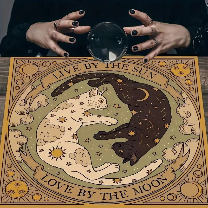 Sun & Moon Cat Altar Tablecloth | Celestial Tarot Reading Cloth for Witchcraft & Divination
