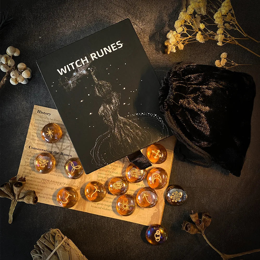 Witch Runes Glass Stones Set | 13pc Engraved Divination Kit with Velvet Pouch for Beginners