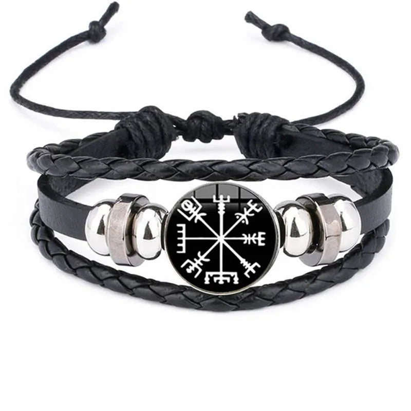 Viking Compass Leather Bracelet | Nordic Rune Odin Amulet