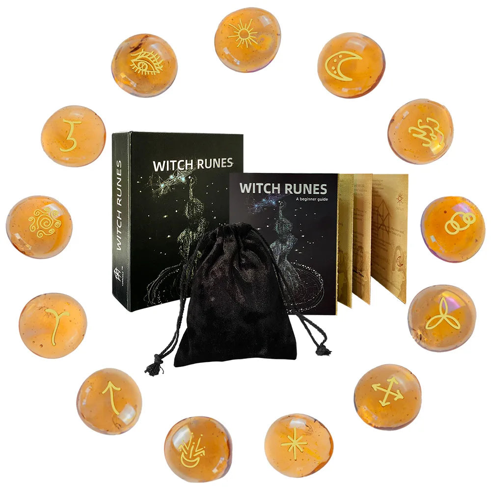 Witch Runes Glass Stones Set | 13pc Engraved Divination Kit with Velvet Pouch for Beginners
