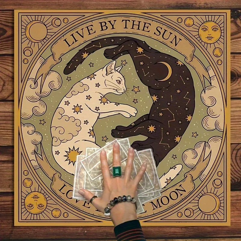 Sun & Moon Cat Altar Tablecloth | Celestial Tarot Reading Cloth for Witchcraft & Divination