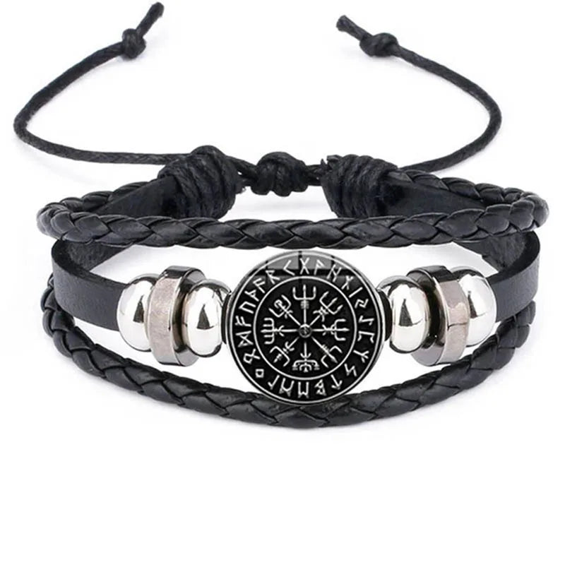 Viking Compass Leather Bracelet | Nordic Rune Odin Amulet