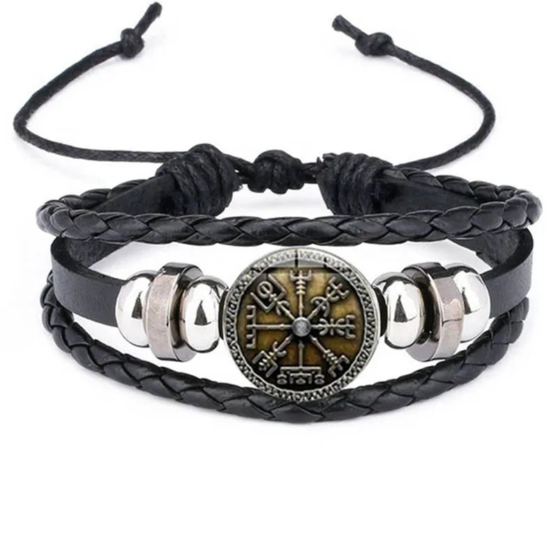Viking Compass Leather Bracelet | Nordic Rune Odin Amulet