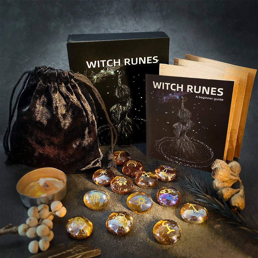 Witch Runes Glass Stones Set | 13pc Engraved Divination Kit with Velvet Pouch for Beginners