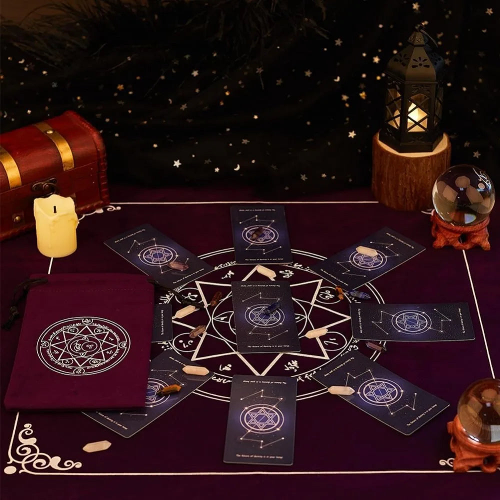 Pentagram Altar Cloth & Tarot Drawstring Pouch Set | Velvet Tarot Reading Mat for Witchcraft & Divination