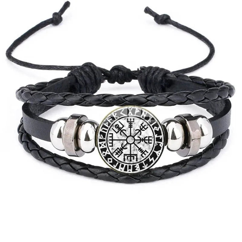 Viking Compass Leather Bracelet | Nordic Rune Odin Amulet