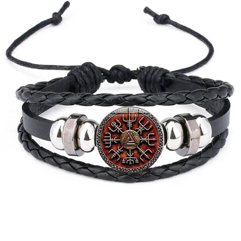 Viking Compass Leather Bracelet | Nordic Rune Odin Amulet