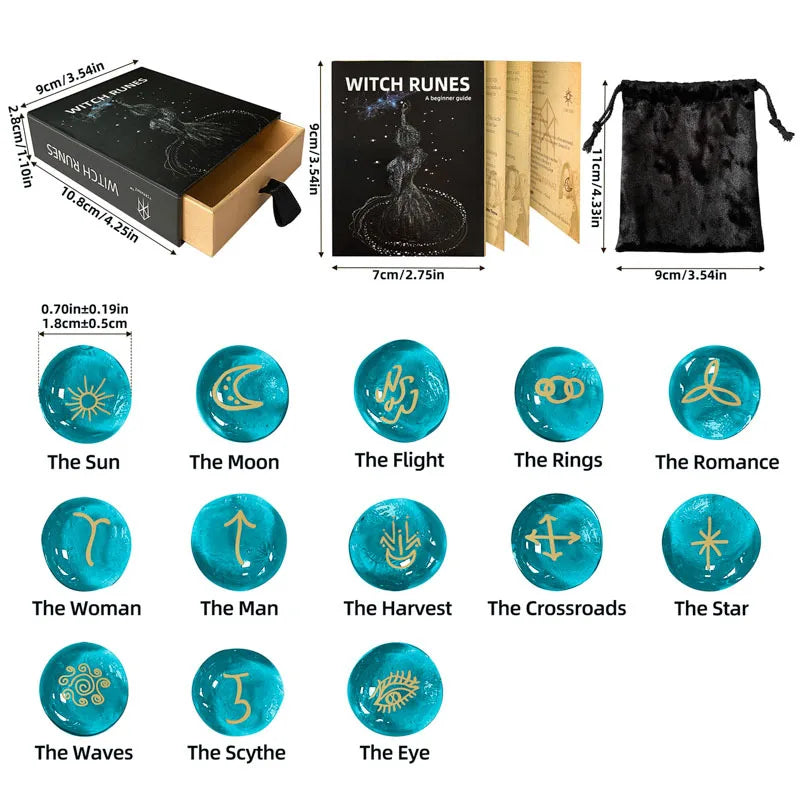 Witch Runes Glass Stones Set | 13pc Engraved Divination Kit with Velvet Pouch for Beginners