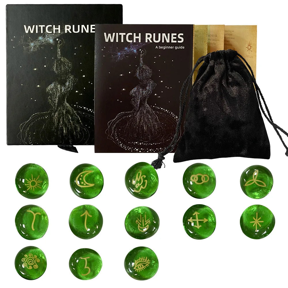 Witch Runes Glass Stones Set | 13pc Engraved Divination Kit with Velvet Pouch for Beginners