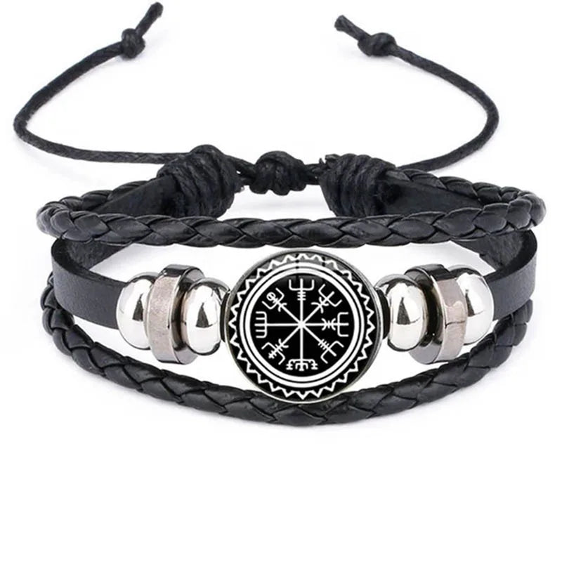 Viking Compass Leather Bracelet | Nordic Rune Odin Amulet